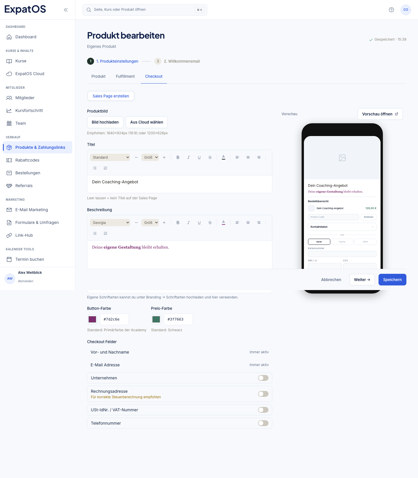Checkout-Editor mit Produktbeschreibung, Eingabefeldern und integrierter Bezahlvorschau. Beispieldaten.